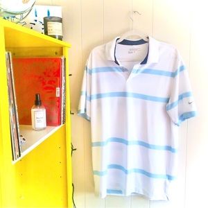 NIKE GOLF | L | Men’s Dri-Fit White Light Blue Striped Athletic  Polo Shirt